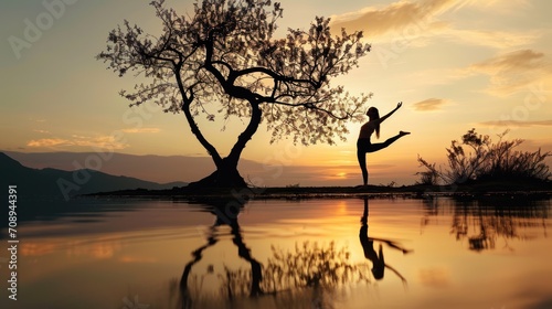  a person standing in front of a tree with their arms in the air while the sun sets in the distance behind the tree and a body of water in the foreground.