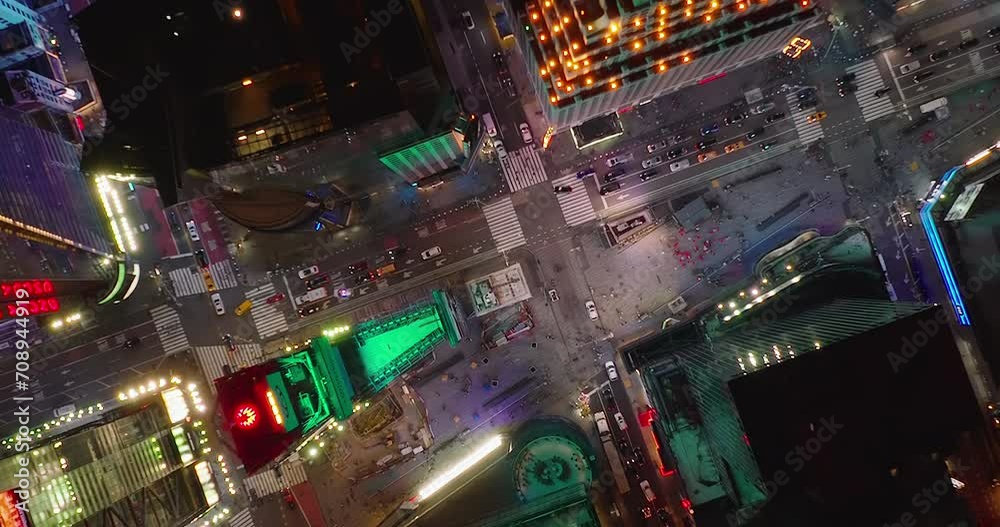 Stunning aerial night drone shot of New York Times Square. Helicopter night downtown Manhattan. New York City at night. Birds Eye on the City that never sleeps. Cinematic Metropolitan City 5k Aerial.