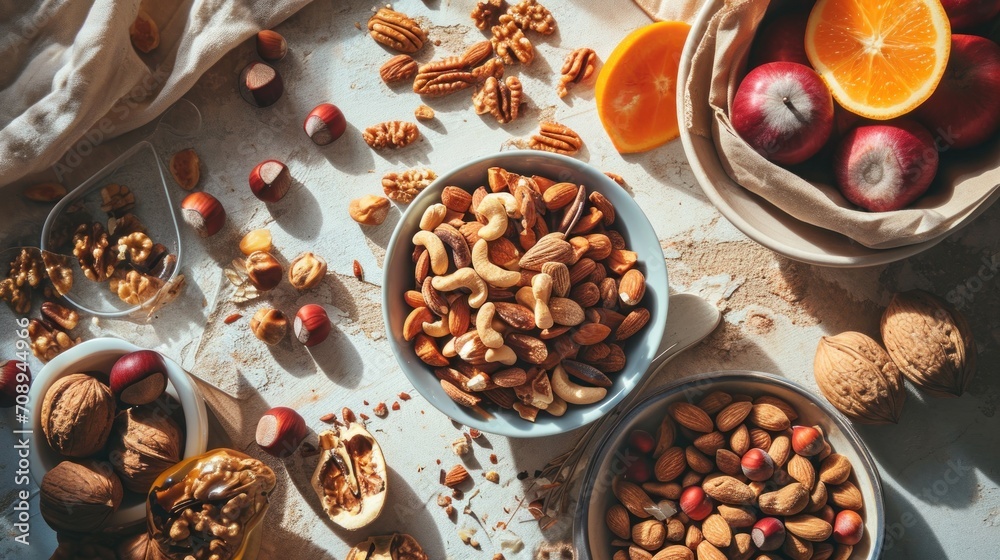 a table topped with bowls filled with nuts next to oranges and an apple and another bowl filled with nuts next to an orange and another bowl filled with nuts. a table topped with bowls filled with nuts next to oranges and an apple and another bowl filled with nuts next to an orange and another bowl filled with nuts.