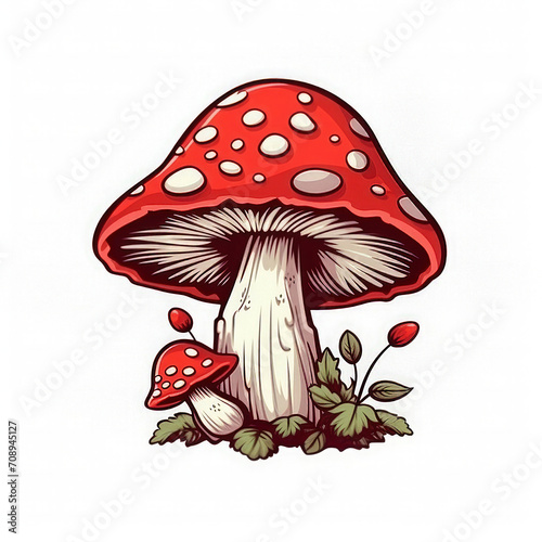 fly agaric amanita muscaria mushroom. Cartoon illustration on white 