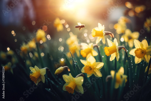 Spring yellow Daffodils Narcissus flowers backlit by sunshine photo