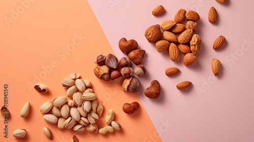  a bunch of nuts sitting next to each other on top of a pink and orange surface with a pink and orange background next to the nuts on top of the picture.