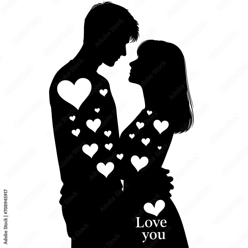 Silhouette of a man and woman with flowers on a white background., of a loving couple on a white background with hearts