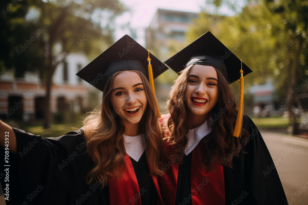 Two accomplished young women revel in the celebration of their well-earned graduation from school Two accomplished young women revel in the celebration of their well-earned graduation from school