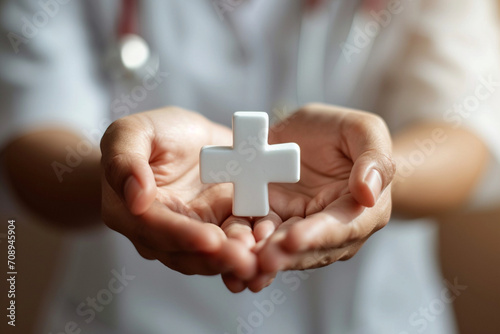 AI image: hands hold plus symbol, healthcare icon. Signifying health insurance, medical welfare, and universal access to healthcare—a fusion of technology, wellness, and inclusivity.