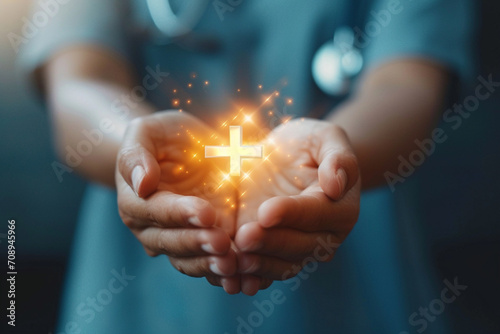 AI image: hands hold plus symbol, healthcare icon. Signifying health insurance, medical welfare, and universal access to healthcare—a fusion of technology, wellness, and inclusivity. photo