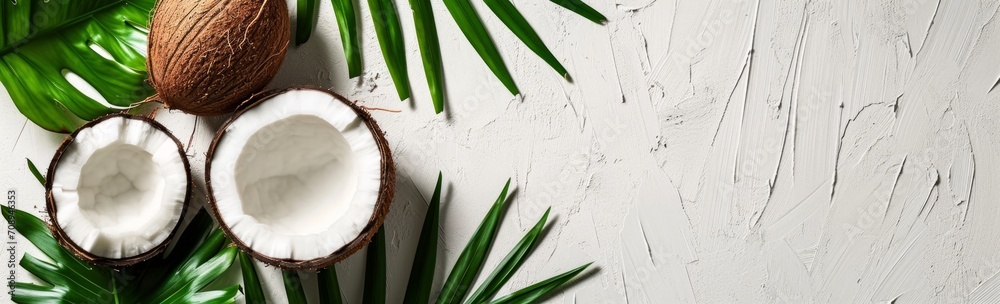 Free Copy Summer Flat lay background. Frame of tropical leaves and fresh coconut on light gray background top view copy space. Healthy cooking. Creative healthy food concept, half of coconut, nature