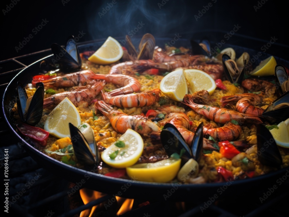 a large skillet of seafood and rice with lemon wedges and a slice of lemon wedges on the side of the skillet as well as well as well as a lemon wedges and lemon wedges on the side. a large skillet of seafood and rice with lemon wedges and a slice of lemon wedges on the side of the skillet as well as well as well as a lemon wedges and lemon wedges on the side.