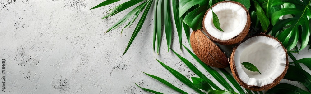 Free Copy Summer Flat lay background. Frame of tropical leaves and fresh coconut on light gray background top view copy space. Healthy cooking. Creative healthy food concept, half of coconut, nature Free Copy Summer Flat lay background. Frame of tropical leaves and fresh coconut on light gray background top view copy space. Healthy cooking. Creative healthy food concept, half of coconut, nature