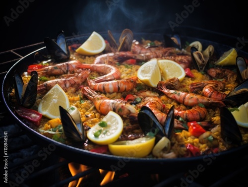 a large skillet of seafood and rice with lemon wedges and a slice of lemon wedges on the side of the skillet as well as well as well as a lemon wedges and lemon wedges on the side.