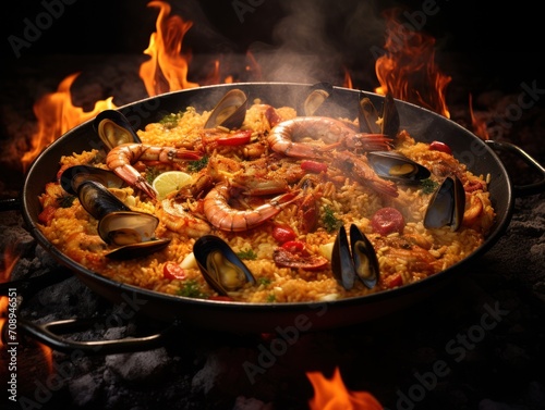  a paella of paella with shrimp, mussels, and shrimp on a bed of rice in a skillet on a table with flames in the background.