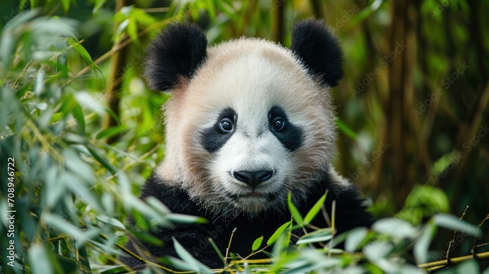 a close up of a panda bear in a field of grass with trees in the back ground and one of the bears'eyes are blue and the other is black and white. a close up of a panda bear in a field of grass with trees in the back ground and one of the bears'eyes are blue and the other is black and white.