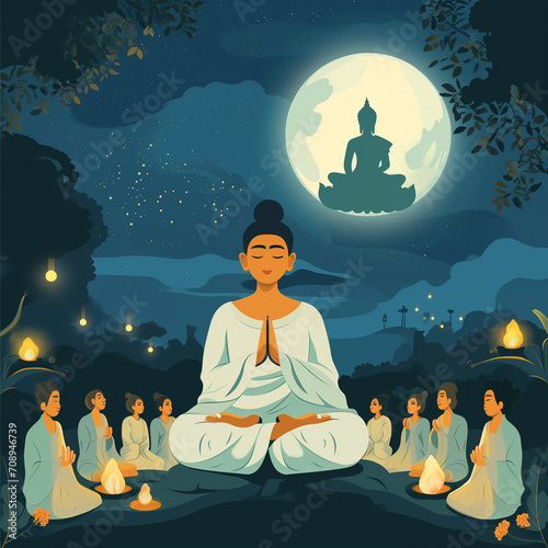 Buddha meditating beneath the bodhi tree against a sunset backdrop, symbolizing Magha Puja, Asanha Puja, and Visakha Puja Day. Vector illustration encapsulating the essence of Buddhist holiday serenit photo