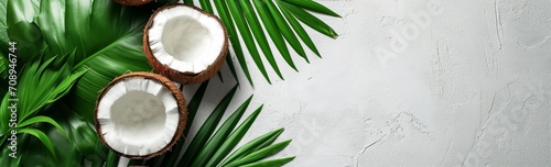 Free Copy Summer Flat lay background. Frame of tropical leaves and fresh coconut on light gray background top view copy space. Healthy cooking. Creative healthy food concept, half of coconut, nature photo