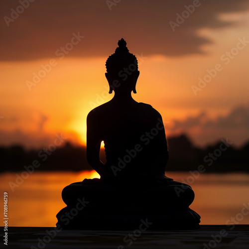 Buddha meditating beneath the bodhi tree against a sunset backdrop, symbolizing Magha Puja, Asanha Puja, and Visakha Puja Day. Vector illustration encapsulating the essence of Buddhist holiday serenit photo