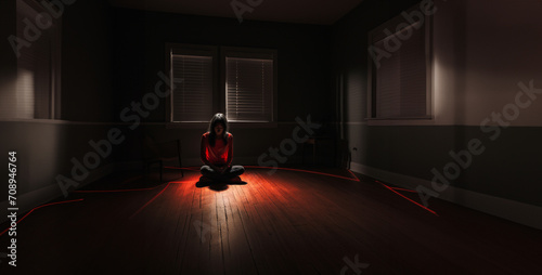 person in the room, woman sitting on floor in empty room waist up in tota photo