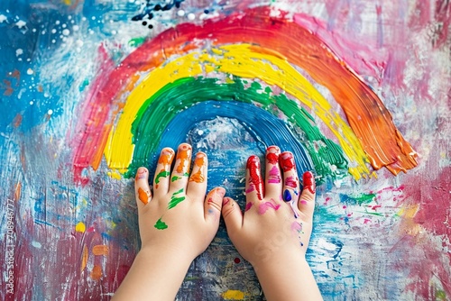 Child drawing rainbow paint on hands  #708946777