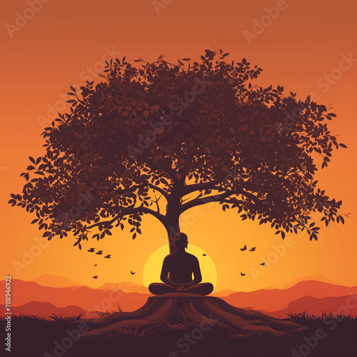 Buddha meditating beneath the bodhi tree against a sunset backdrop, symbolizing Magha Puja, Asanha Puja, and Visakha Puja Day. Vector illustration encapsulating the essence of Buddhist holiday serenit photo