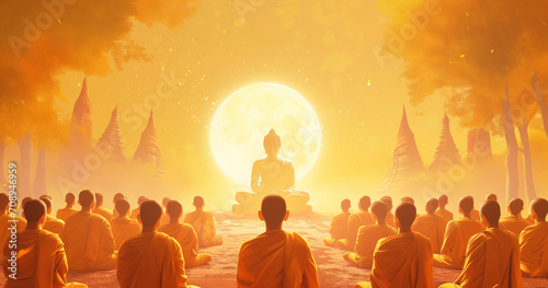 Illustrating Makha Bucha Day, capturing the moment of Buddha delivering teachings to 1,250 monks shortly before his passing. Vector illustration conveying spiritual significance