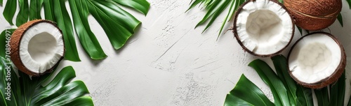 Free Copy Summer Flat lay background. Frame of tropical leaves and fresh coconut on light gray background top view copy space. Healthy cooking. Creative healthy food concept, half of coconut, nature