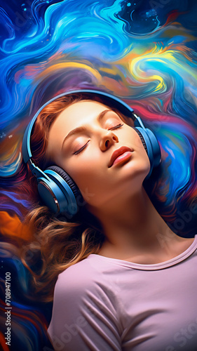 A young woman listening music smiling, with eyes closed