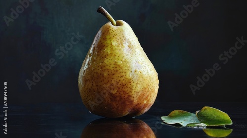 a pear sitting on top of a reflective surface next to a green leafy plant on a black surface with a black background behind it and a reflection of the pear.