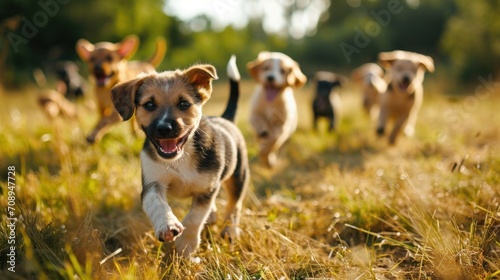  a group of puppies running through a field of grass with one dog looking at the camera and the other dog looking at the camera with its mouth open mouth.