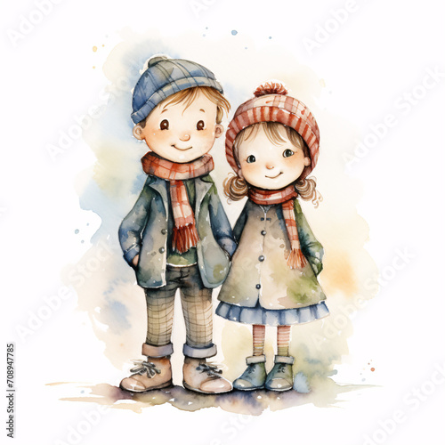 Cute watercolor couple illustration, boy and girl couple, Valentine's Day illustration