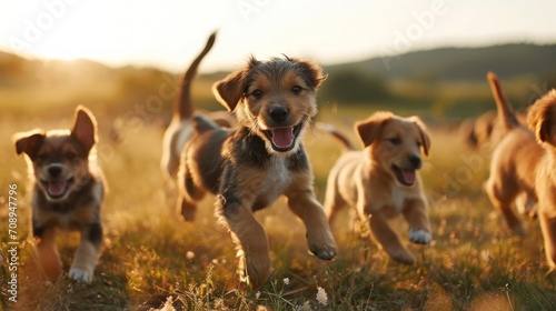  a group of puppies running in a field of grass with the sun shining through the grass and the dog is in the middle of the foreground of the picture.