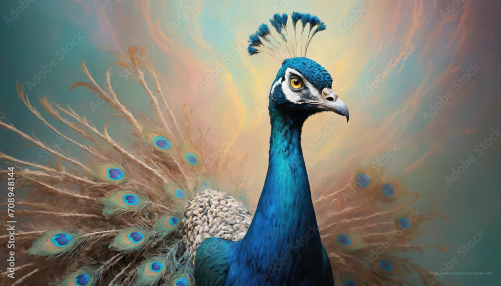 Fototapeta premium Fantasy Illustration of a wild Peafowl. Digital art style wallpaper background with peacock in pastel colors.