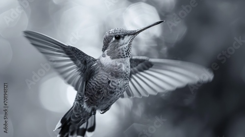  a black and white photo of a hummingbird flapping it's wings to look like it has just taken off of a tree with its wings spread out. photo