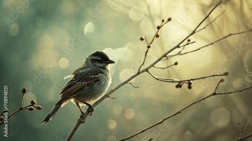 a small bird sitting on top of a tree branch next to a branch with leaves and a blurry background of leaves and branches with drops of dew on a sunny day.