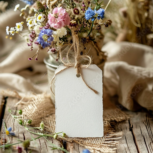 Thank you gift tag mockup for wedding, bridal shower, rustic wedding favor tag, rectangle label mock up, white flowers.