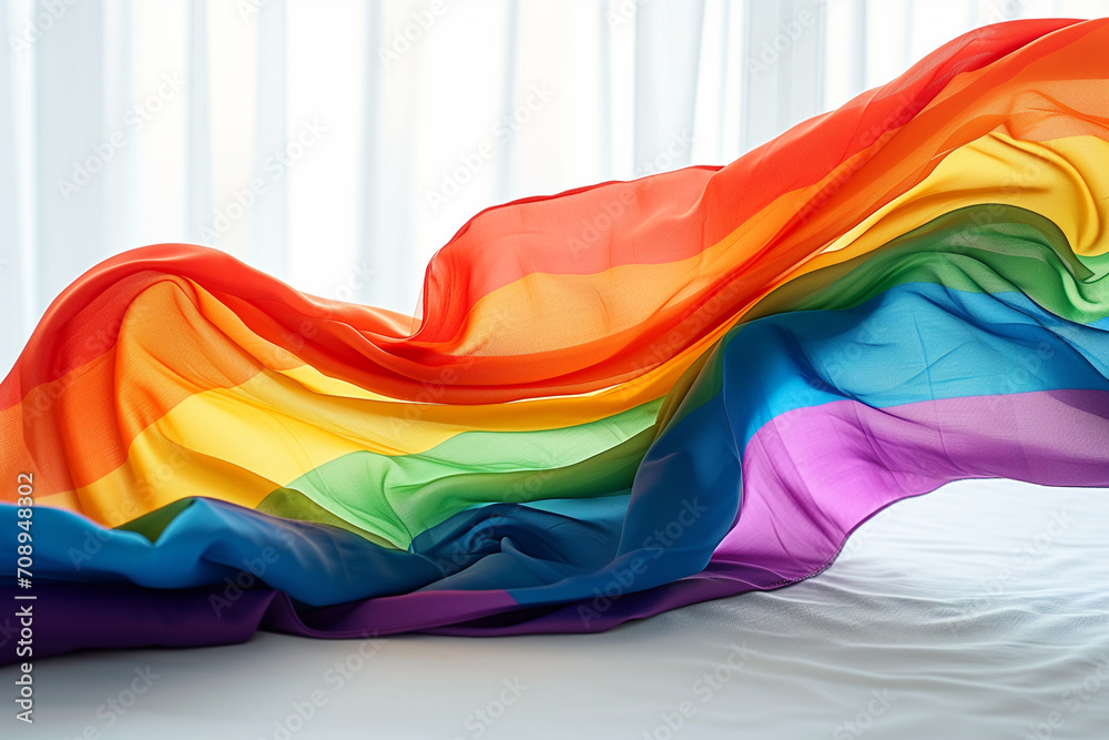 The gay pride rainbow flag waving against clean blue sky, close up, isolated with clipping path mask alpha channel transparency. Rainbow flag as a symbol - obrazy, fototapety, plakaty 