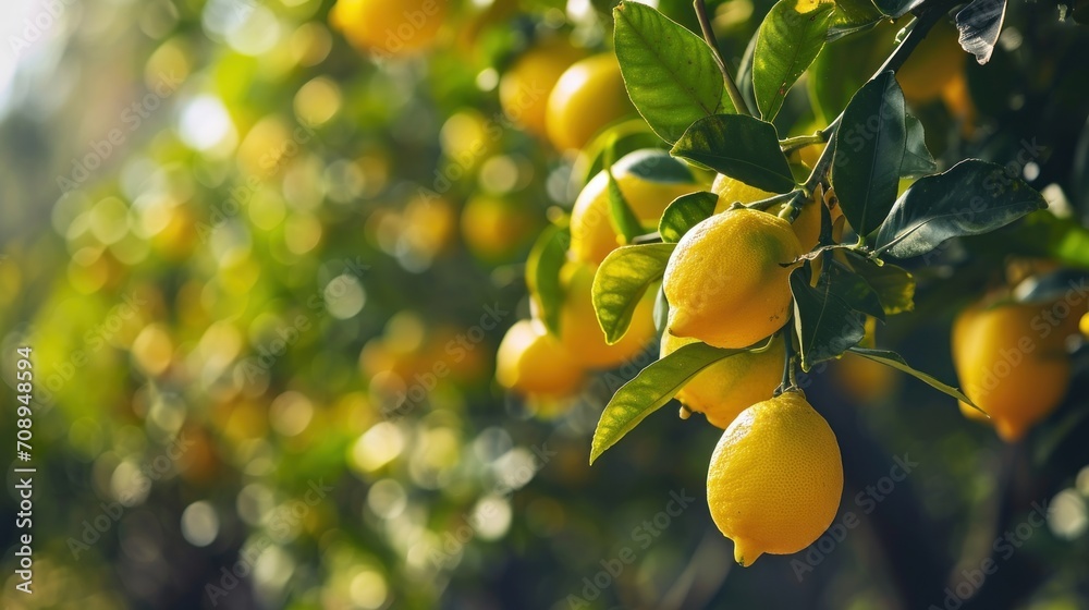  a bunch of lemons hanging from a tree with green leaves and bright sunlight shining through the leaves and the fruit on the tree is almost ready to be picked. - obrazy, fototapety, plakaty 