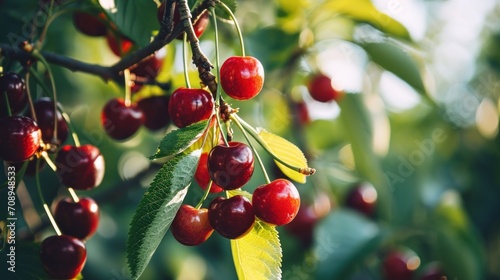  a tree filled with lots of ripe cherries on top of a green leafy branch with lots of ripe cherries on top of the branches and green leaves.