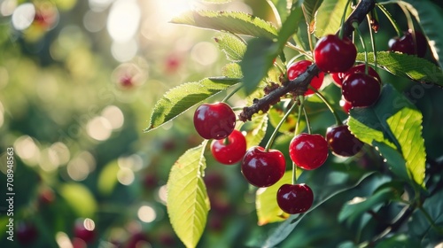  a bunch of cherries hanging from a tree with green leaves and sunlight shining through the leaves of the cherries on a branch in the foreground is a blurry background.