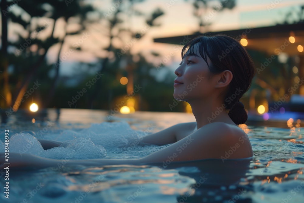 Tranquil Twilight Scene: Asian Woman Relishing A Spa Hot Tub