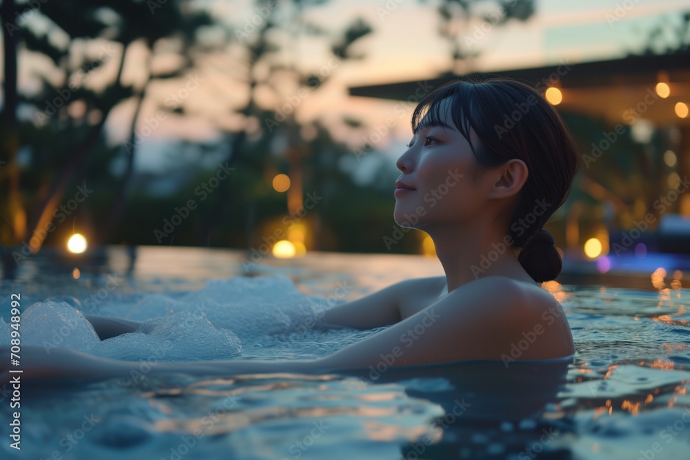 Tranquil Twilight Scene: Asian Woman Relishing A Spa Hot Tub Tranquil Twilight Scene: Asian Woman Relishing A Spa Hot Tub