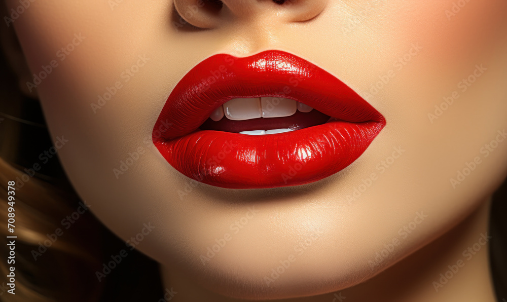 Obraz premium Close-up of perfectly shaped full lips painted with vibrant red lipstick, symbolizing glamour, beauty, makeup artistry, and feminine allure