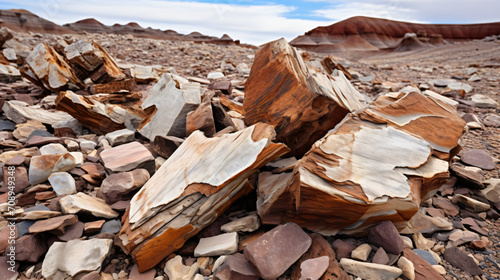 Shattered pieces of petrified wood in a sandy