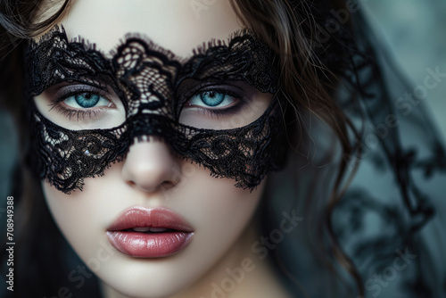 Mysterious Young Woman Captivates With Enigmatic Charm, Adorned With Black Lace Mask