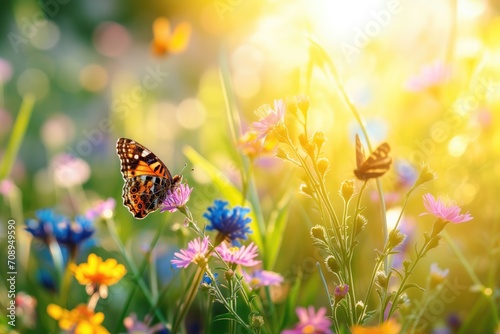 Closeup Of Vibrant Wild Flowers, Butterfly, And Sunlit Meadow In Springsummer