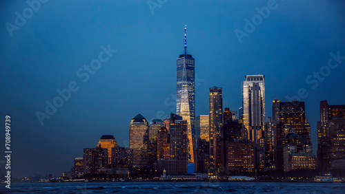 View of Manhattan from Hudson bay at twilight, New York City, USA photo