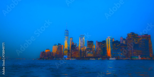 View of Manhattan from Hudson bay at twilight, New York City, USA