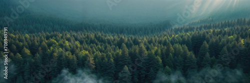 landscape with dense green forest in fog