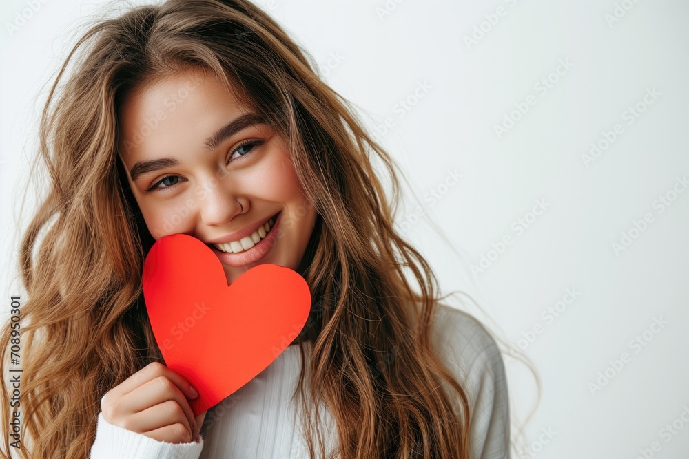 Joyful Russian Woman Grasps A Crimson Paper Heart Against A Blank Background Joyful Russian Woman Grasps A Crimson Paper Heart Against A Blank Background