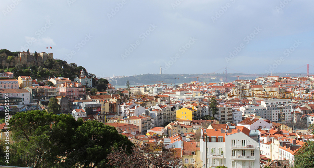 Panoramic view from above to the city on a spring day.Lisbon. Portugal.