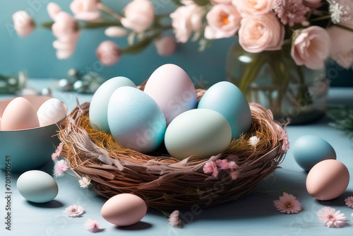 Happy Easter, holiday greeting card mockup with flowers and colored eggs.