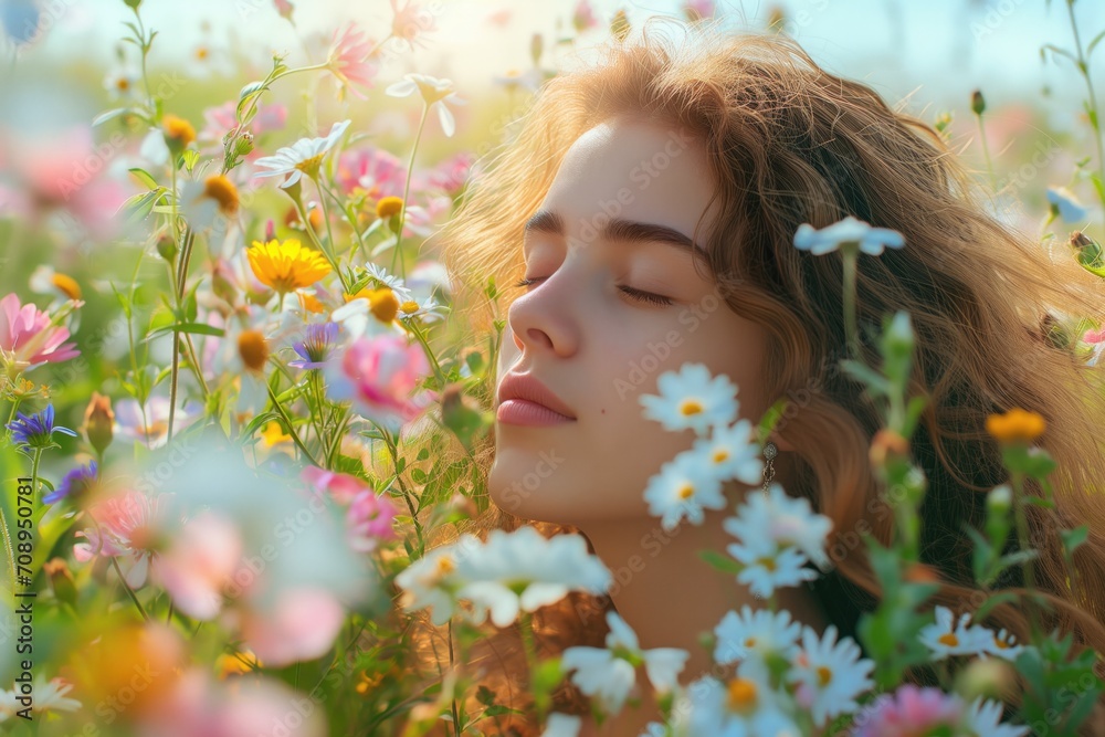 Naklejka premium Tranquil Young Woman Embraced By Lively Spring Blooms In A Meadow